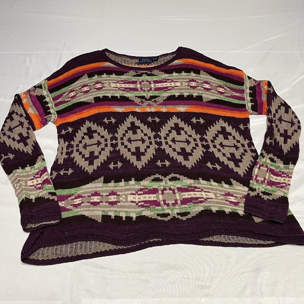 Polo Ralph Lauren Sweater Women's Size Large Knit Aztec Boat Neck Cotton